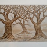 Bare oak trees with painted coffee and pencil.