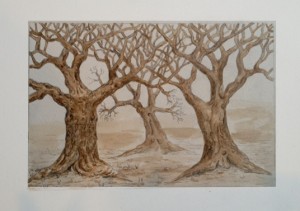 Bare oak trees with painted coffee and pencil.