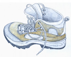 Drawing of a Hiking Boot painted with coffee