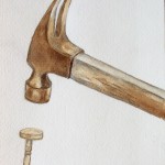Coffee painting of hammer hitting a nail.