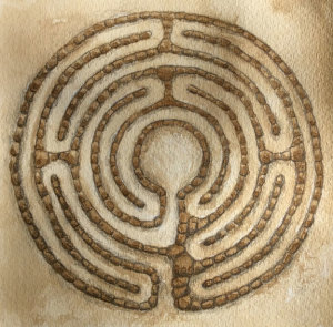 Labyrinth painted with coffee.