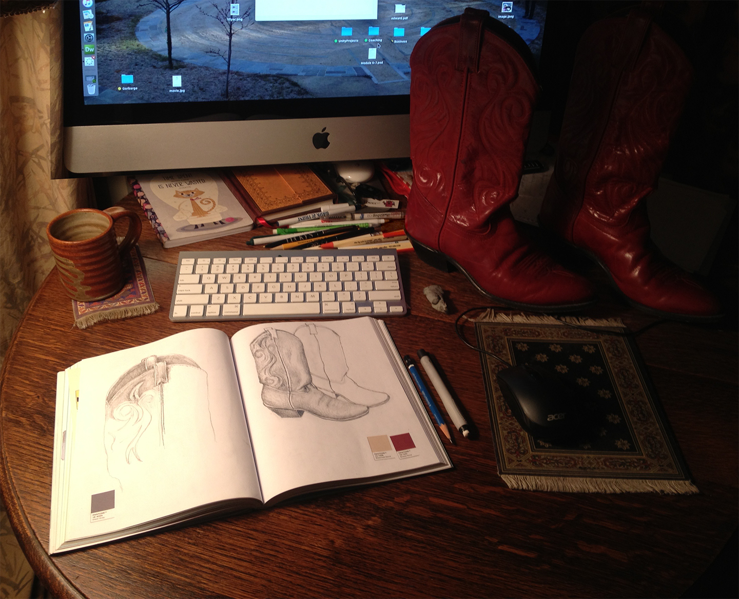 An evening at home with my red cowboy boots.